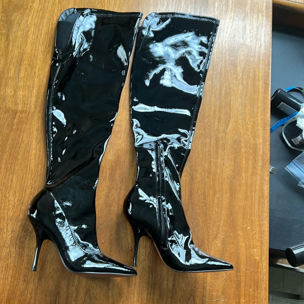 NWOT Mix. No. 6 Over the Knee stiletto point toe black patent boots size 8